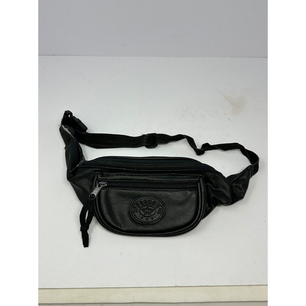 Vintage Fanny Pack Flight Pax Black Faux Leather Adjustable 3 Zipper Pocket V4